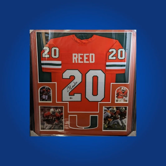 Ed Reed Signed Full Framed Custom Miami Hurricanes Jersey – autographed memorabilia, Hall of Fame safety collectible, essential for devoted Hurricanes fans.