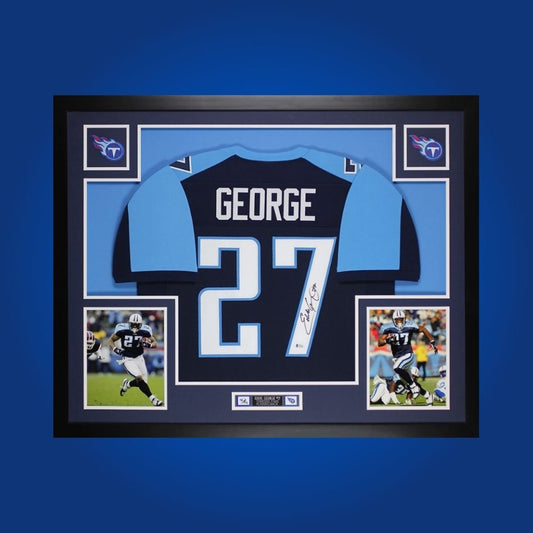 Framed Tennessee Titans custom jersey signed by Eddie George with Certificate of Authenticity.