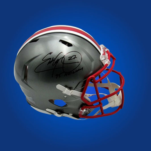 Autographed Ohio State Buckeyes full size Authentic Helmet signed by Eddie George, shown on a white background. SportsMarkets product image.