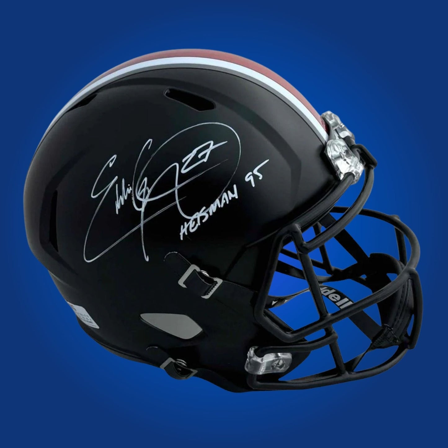 Autographed Ohio State Buckeyes full size replica helmet signed by Eddie George, shown on a white background. SportsMarkets product image.