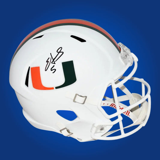 Autographed Miami Hurricanes full size replica helmet signed by Edgerrin James, displayed on a white background. SportsMarkets memorabilia product image.