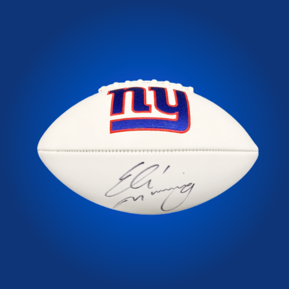 Eli Manning signed New York Giants logo football, with a genuine autograph, perfect for Giants memorabilia.
