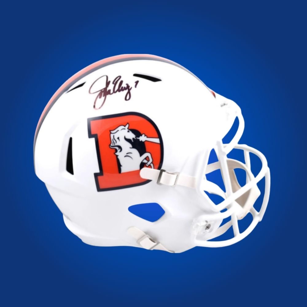 John Elway hand-signed whiteout replica Denver Broncos helmet, showcasing signature and official team graphics. A unique collectible for Broncos fans and Elway memorabilia collectors. Includes Certificate of Authenticity. Images may differ for catalog uniformity.