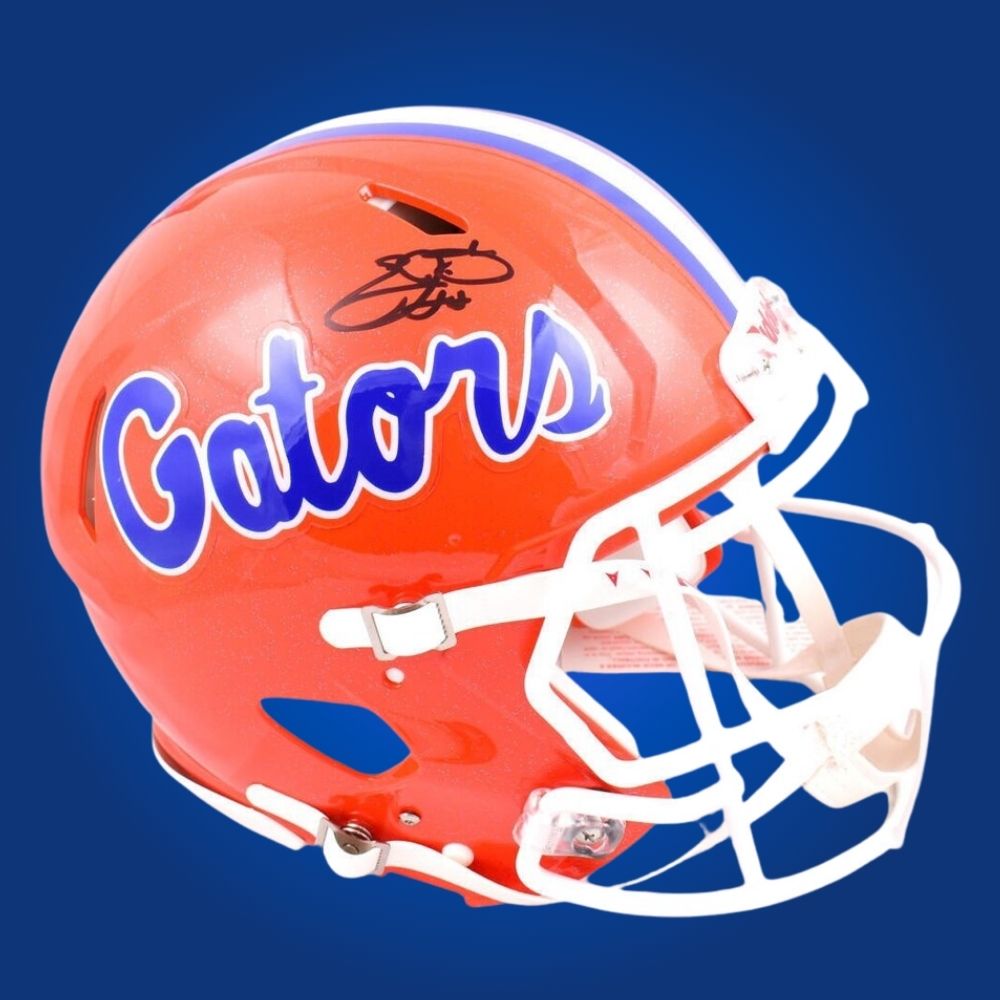 Autographed Florida Gators full size Authentic Helmet signed by Emmitt Smith, presented against a white background. SportsMarkets exclusive image.
