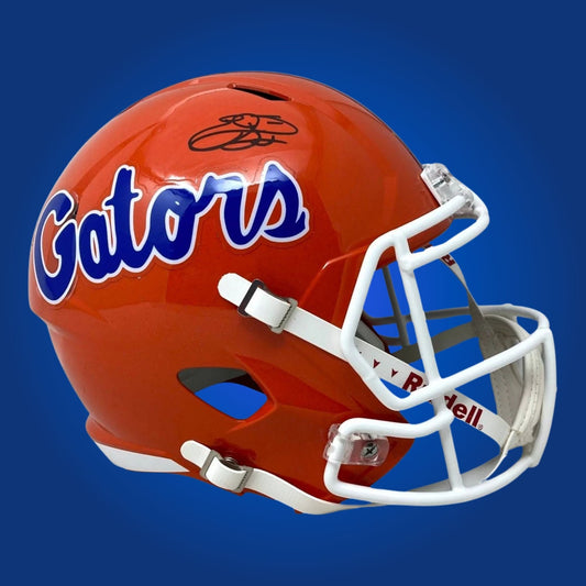 Autographed Florida Gators full size replica helmet signed by Emmitt Smith, presented against a white background. SportsMarkets exclusive image.