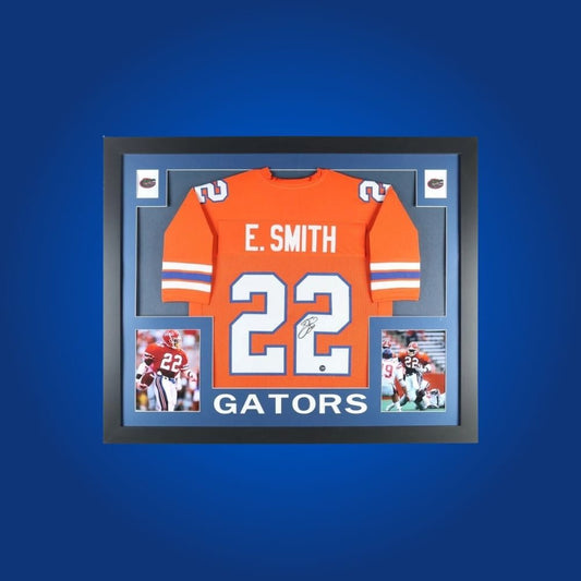 Emmitt Smith Signed Full Framed Custom Florida Gators Jersey – autographed memorabilia, Hall of Fame running back collectible, essential for Gators fans.