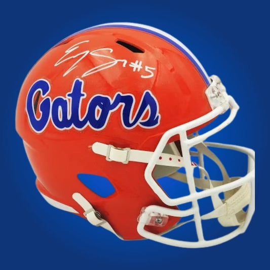 Autographed Florida Gators full size Authentic Helmet signed by Emory Jones, displayed on a white background. SportsMarkets memorabilia photograph.