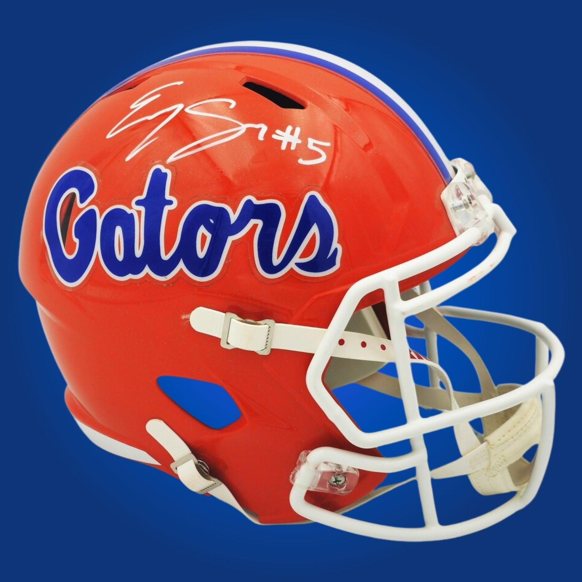 Autographed Florida Gators full size replica helmet signed by Emory Jones, displayed on a white background. SportsMarkets memorabilia photograph.