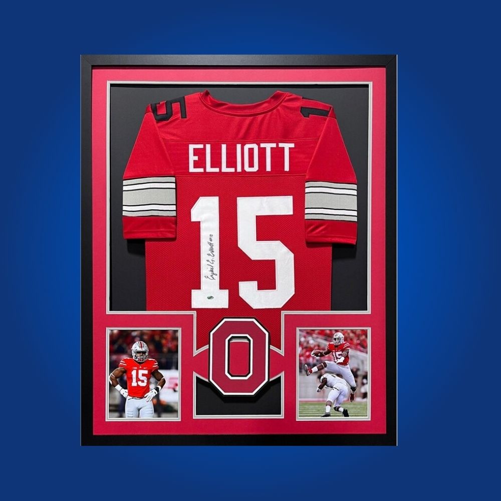 Ezekiel Elliott Signed Full Framed Custom Ohio State Buckeyes Jersey – autographed memorabilia, championship running back collectible, ideal for Ohio State fans.