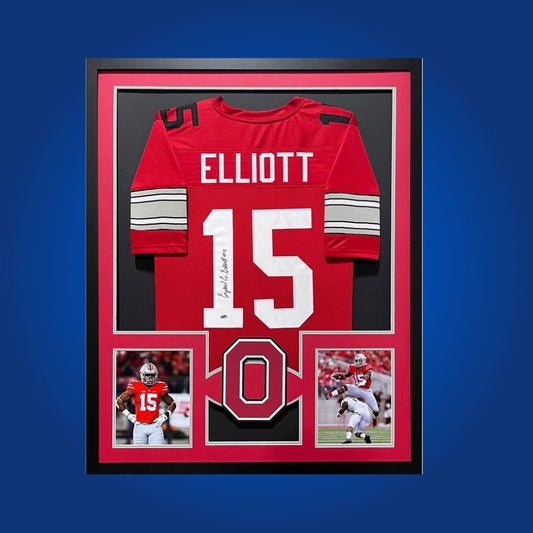 Ezekiel Elliott Signed Full Framed Custom Ohio State Buckeyes Jersey – autographed memorabilia, championship running back collectible, ideal for Ohio State fans.