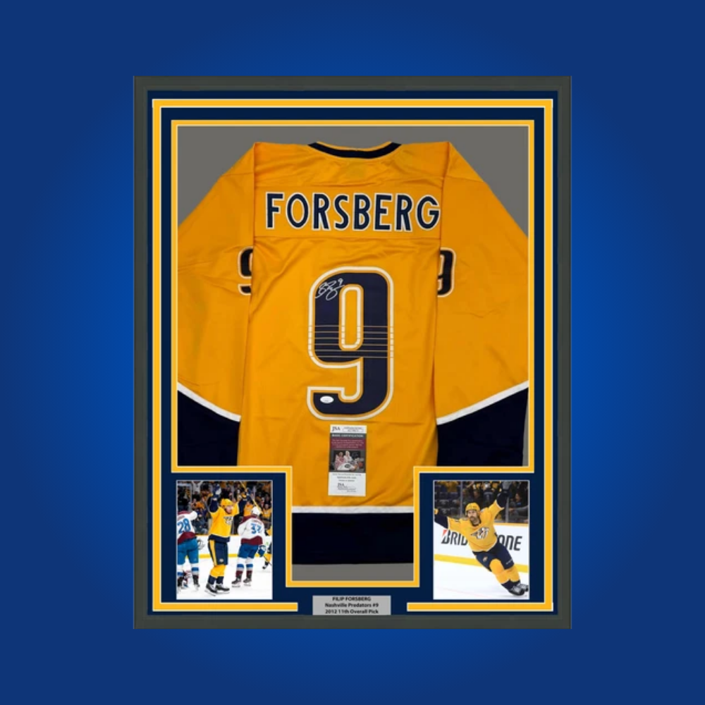 Filip Forsberg’s autographed full framed Nashville Predators yellow jersey celebrates the franchise star’s skill and scoring ability, making it a must-have for dedicated Predators fans.