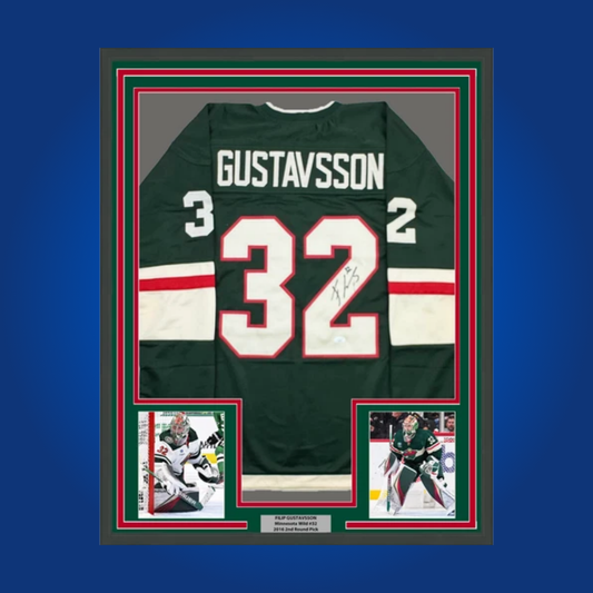 Filip Gustavsson’s signed full framed green Minnesota Wild jersey is an excellent collectible for fans, highlighting the promising goaltender’s contributions to the team’s future.