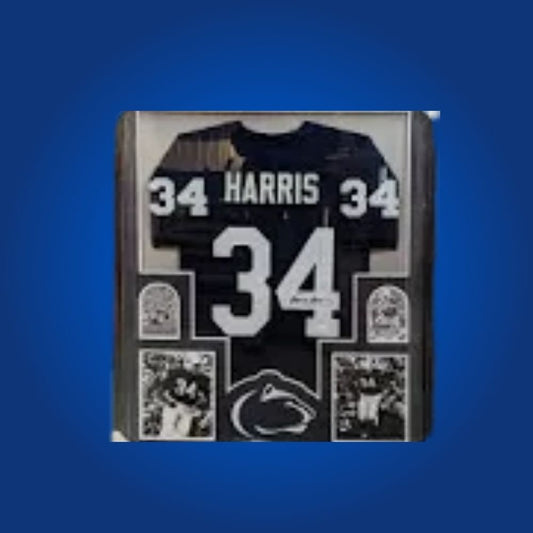 Franco Harris Signed Full Framed Custom Penn State Nittany Lions Jersey – autographed memorabilia, Hall of Fame running back collectible, legendary Nittany Lions piece.