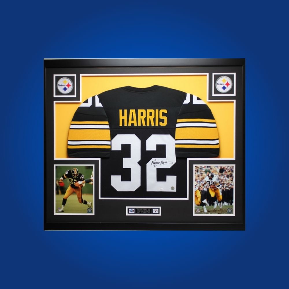 Autographed Pittsburgh Steelers custom jersey by Franco Harris with Certificate of Authenticity.