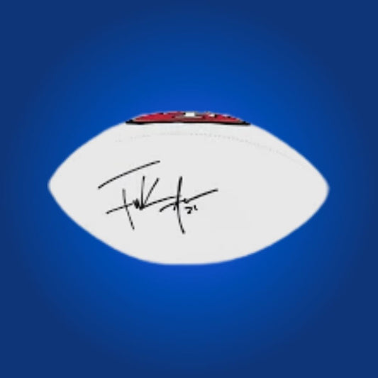 Frank Gore signed 49ers logo football, displaying signature and franchise logo.