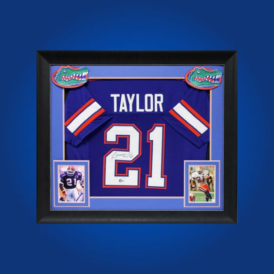 Fred Taylor Signed Full Framed Custom Florida Gators Jersey – autographed memorabilia, star running back collectible, ideal for Gators enthusiasts.