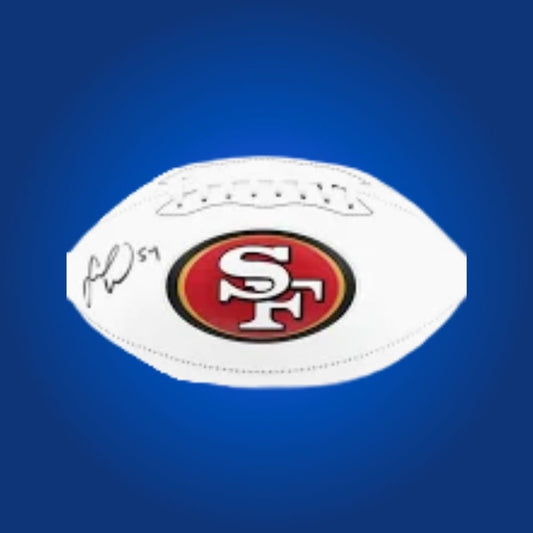 Fred Warner signed San Francisco 49ers logo football, signature and team emblem on display.