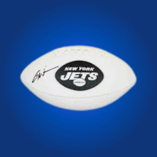 Garrett Wilson autographed New York Jets logo football, signature visible with Jets branding.