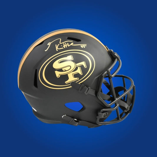 George Kittle hand-signed blackout replica San Francisco 49ers helmet, showcasing signature and official team graphics. A unique collectible for 49ers fans and Kittle memorabilia collectors. Includes Certificate of Authenticity. Images may differ for catalog uniformity.