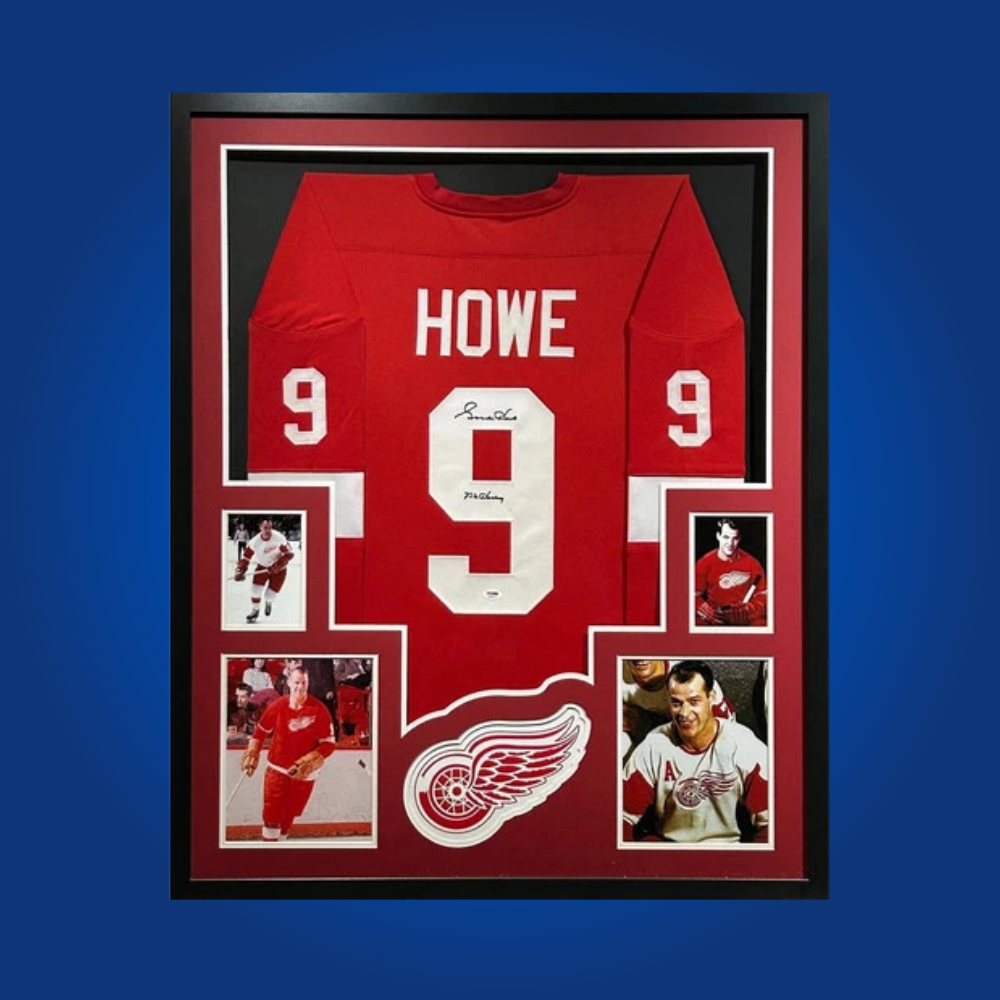 Gordie Howe’s hand-signed and framed Detroit Red Wings red jersey is a legendary addition for any hockey collection, honoring “Mr. Hockey” and his iconic contributions to the sport.
