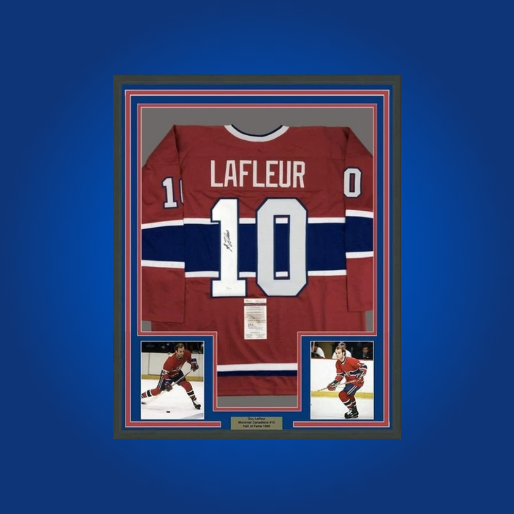 Guy Lafleur’s signed full framed Montreal Canadiens red jersey is a tribute to a hockey legend, essential for collectors honoring Lafleur’s storied career and Hall of Fame legacy in Montreal.