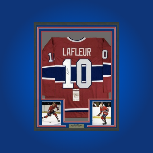 Guy Lafleur’s signed full framed Montreal Canadiens red jersey is a tribute to a hockey legend, essential for collectors honoring Lafleur’s storied career and Hall of Fame legacy in Montreal.