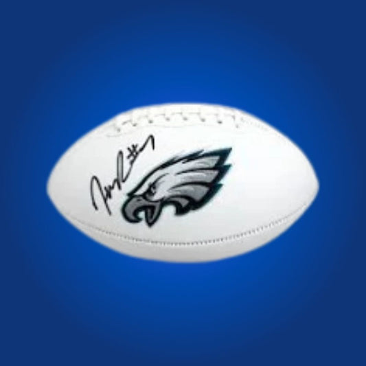 Haasan Reddick signed Eagles logo football, signature on white panel with team emblem.