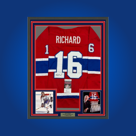 Henri Richard’s autographed full framed Montreal Canadiens red jersey celebrates the “Pocket Rocket’s” championship pedigree and is a prized piece for fans of hockey’s most decorated dynasty.
