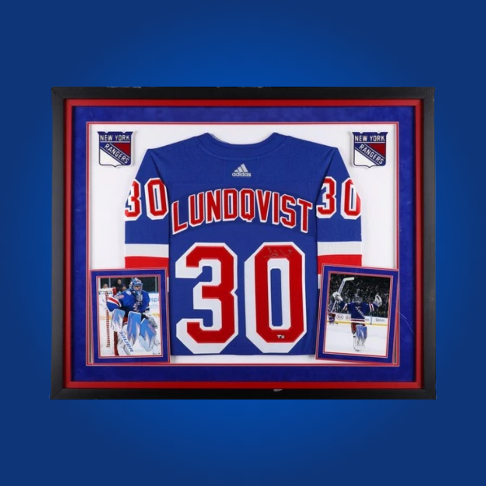 Henrik Lundqvist’s signed full framed New York Rangers blue jersey is a must-have collectible, honoring the legendary goaltender’s iconic career on Broadway.