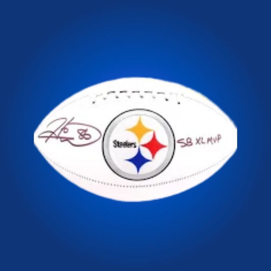 Hines Ward signed Steelers logo football, displaying Super Bowl MVP signature and team emblem.