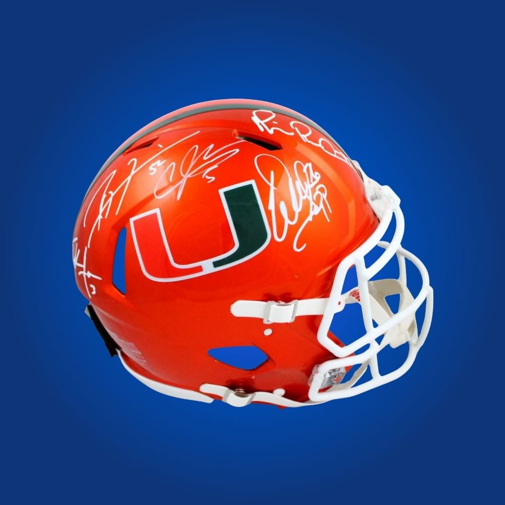 Hurricanes legends hand-signed authentic helmet featuring signatures from Lewis, Irvin, Sapp, Johnson, and Gore, showcasing signatures and official team graphics. A unique collectible for Miami fans and Hurricanes memorabilia collectors. Includes Certificate of Authenticity. Images may differ for catalog uniformity.