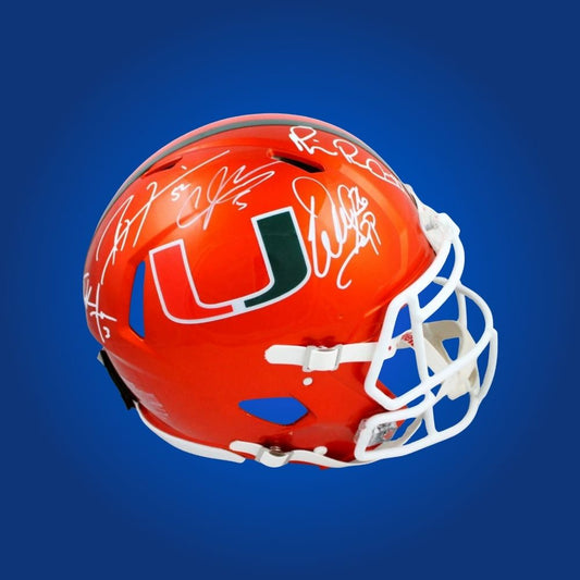 Hurricanes legends hand-signed authentic helmet featuring signatures from Lewis, Irvin, Sapp, Johnson, and Gore, showcasing signatures and official team graphics. A unique collectible for Miami fans and Hurricanes memorabilia collectors. Includes Certificate of Authenticity. Images may differ for catalog uniformity.