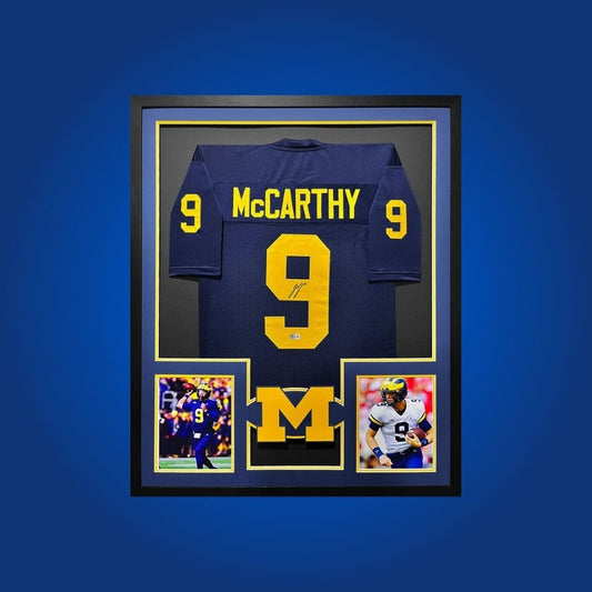 JJ McCarthy Signed Full Framed Custom Michigan Wolverines Jersey – autographed memorabilia, championship quarterback collectible, a must-have for Wolverines fans.