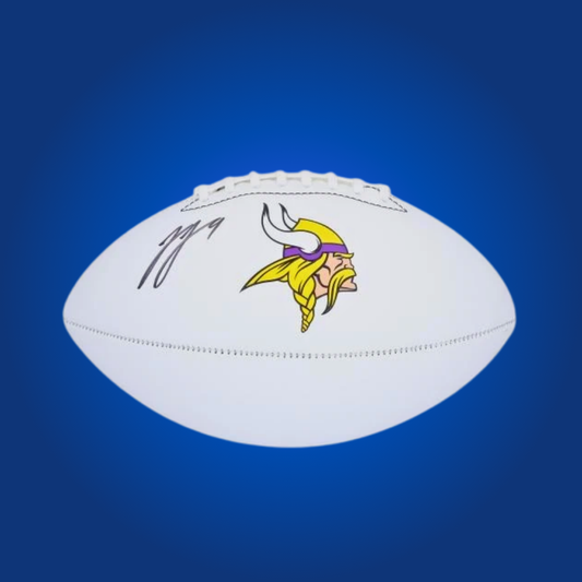 JJ McCarthy signed Minnesota Vikings logo football, with his autograph, a valuable collectible for Vikings fans.