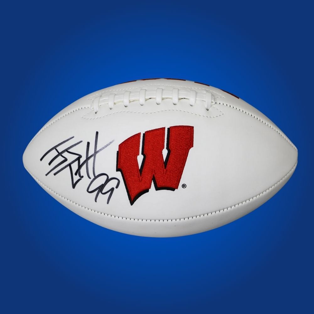 Autographed full size replica football by JJ Watt, featuring Wisconsin Badgers white logo. Certified authentic, an outstanding collectible for dedicated Badgers fans and sports memorabilia enthusiasts. Certificate of Authenticity included. Ball details may differ for catalog consistency.