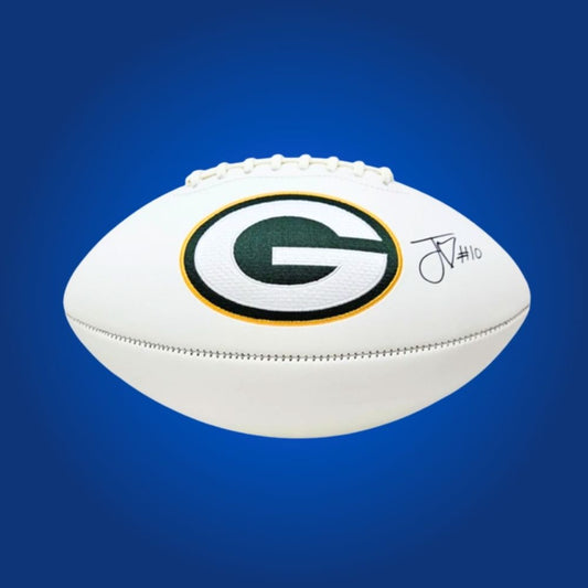 Jordan Love signed Green Bay Packers embroidered NFL football with white panels and logo, includes Certificate of Authenticity