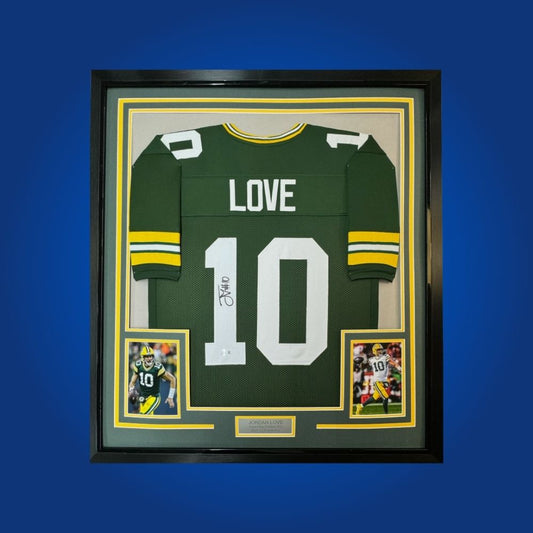 Jordan Love signed Packers jersey, custom framed with action photos and Certificate of Authenticity.