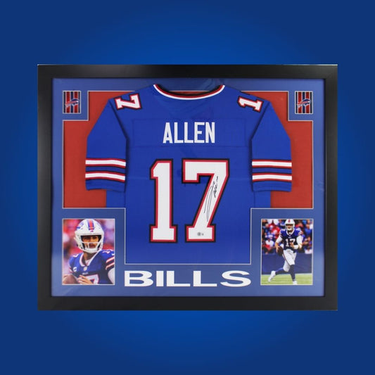 Framed Buffalo Bills custom jersey signed by Josh Allen, professionally matted with Certificate of Authenticity.