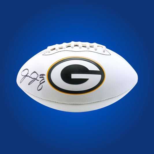 Josh Jacobs signed Green Bay Packers embroidered NFL football with white panels, featuring logo and Certificate of Authenticity