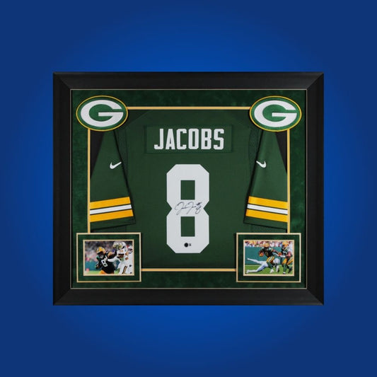 Framed Green Bay Packers Josh Jacobs signed jersey, with two action photos and Certificate of Authenticity.