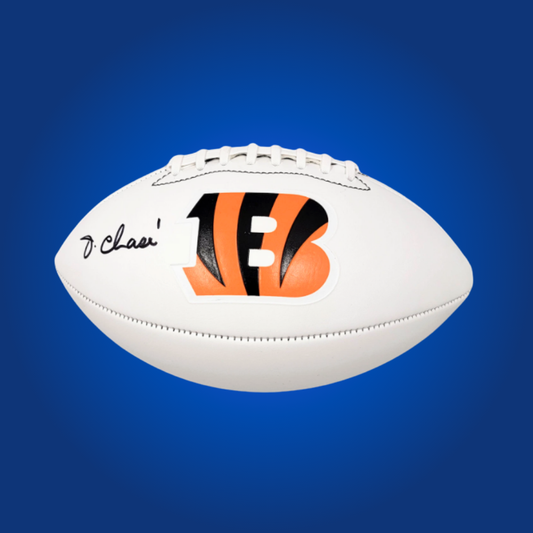 Ja'Marr Chase signed Cincinnati Bengals logo football, featuring his signature, ideal for Bengals fans and collectors.