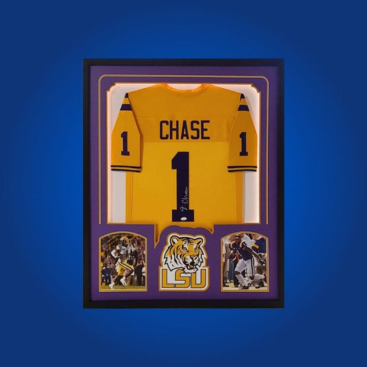 Ja'Marr Chase Signed Full Framed Custom LSU Tigers Jersey – autographed memorabilia, championship wide receiver collectible, ideal for LSU supporters.