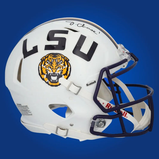 Autographed LSU Tigers full size Authentic Helmet signed by Ja'Marr Chase, displayed on a white background for product clarity. SportsMarkets memorabilia image.
