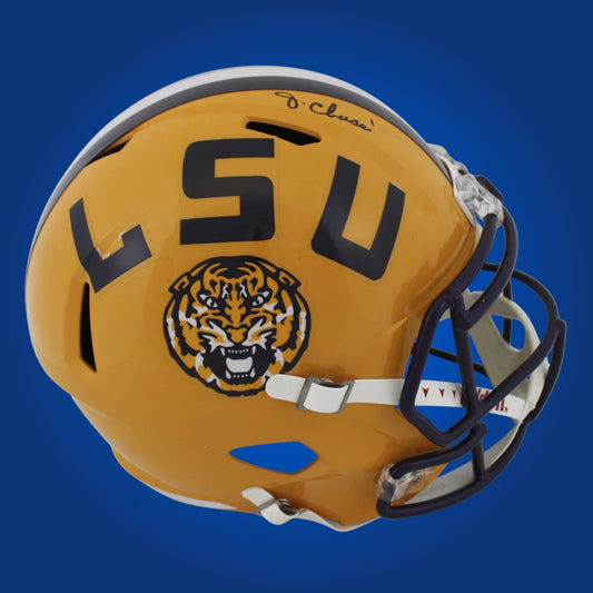 Autographed LSU Tigers full size replica helmet signed by Ja'Marr Chase, displayed on a white background for product clarity. SportsMarkets memorabilia image.