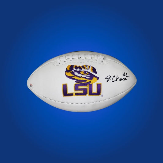 Ja'Marr Chase autographed LSU Tigers white logo football, standout memorabilia for LSU supporters and collectors.