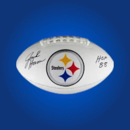 Jack Ham signed Steelers logo football, showcasing linebacker’s signature and team logo.