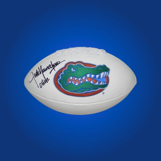 Jack Youngblood signed Florida Gators white logo football, memorabilia for Florida fans and collectors.