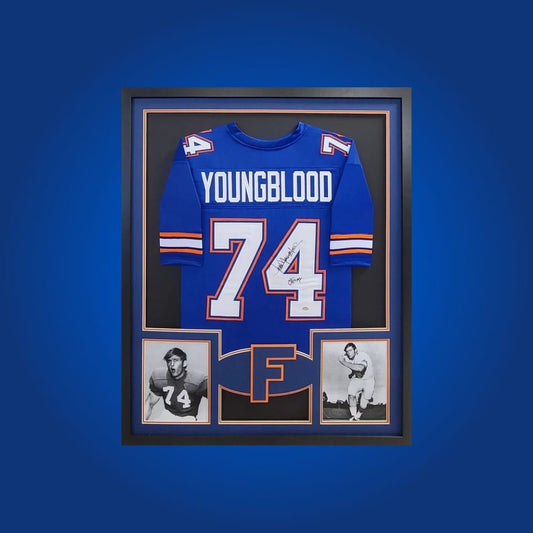 Jack Youngblood Signed Full Framed Custom Florida Gators Jersey – autographed memorabilia, legendary defensive end collectible, ultimate Florida Gators fan jersey.