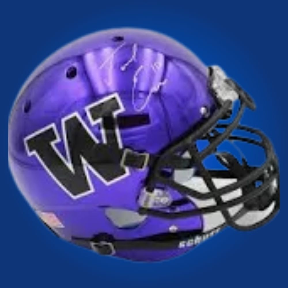 Autographed full size Authentic Helmet by Jacob Eason, former Washington Huskies quarterback and NFL draftee, presented against a crisp white background for catalog consistency. A must-have for dedicated Huskies collectors and fans. SportsMarkets product photo.