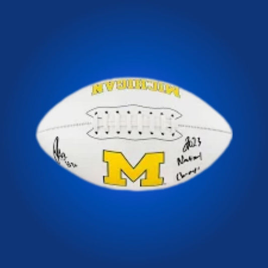 Jalen Harrell autographed Michigan Wolverines white logo football, ideal memorabilia for Wolverines supporters and collectors.